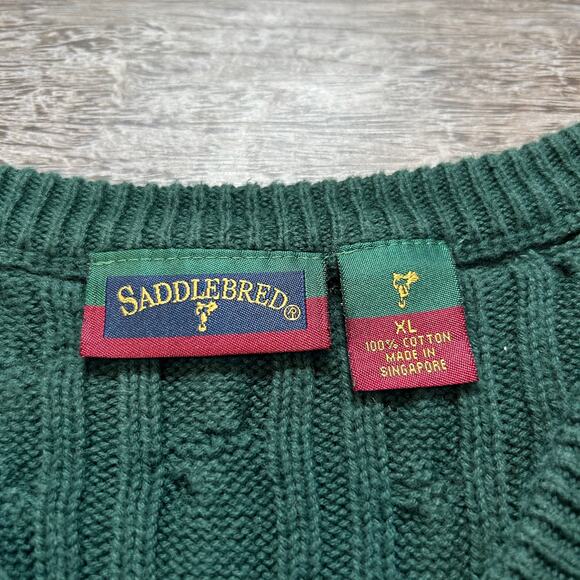 Vintage 90s Saddlebred Green Cable Knit Sweater Vest XL Preppy Academia Vibes - Picture 4 of 6